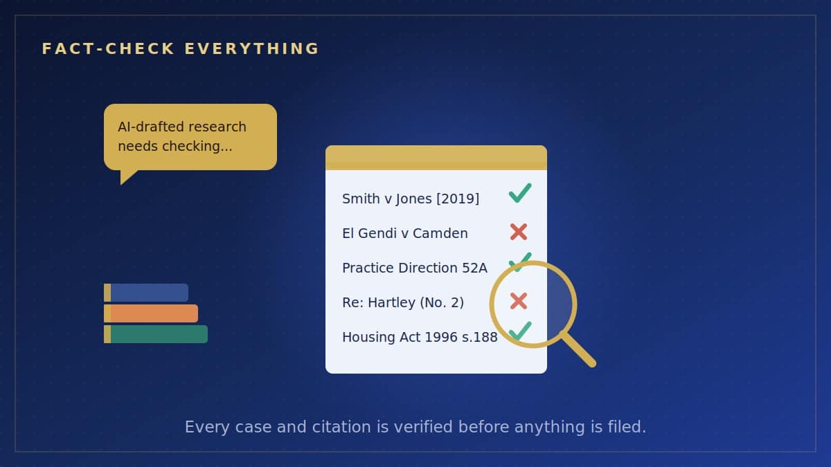 Barrister fact-checking AI-generated legal research before filing